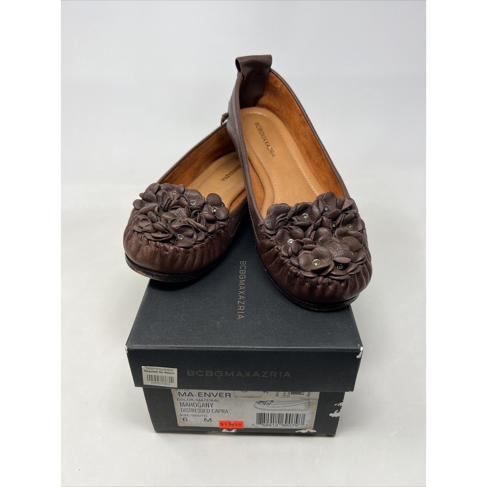 BCBGMAXAZRIA Women's Leather Floral Ballet Flats Brown Size US 6